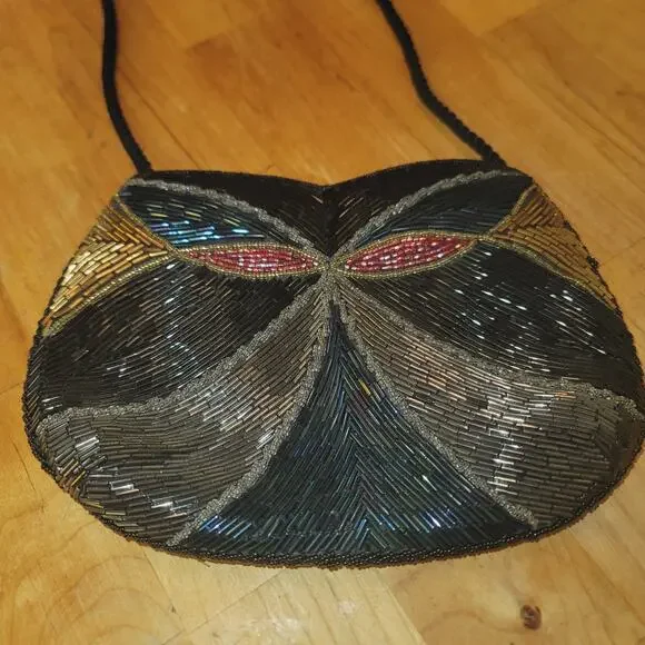 Vintage bugle glass beads 80s purse shoulder EVENING bag black gold silver blue - Picture 2 of 7